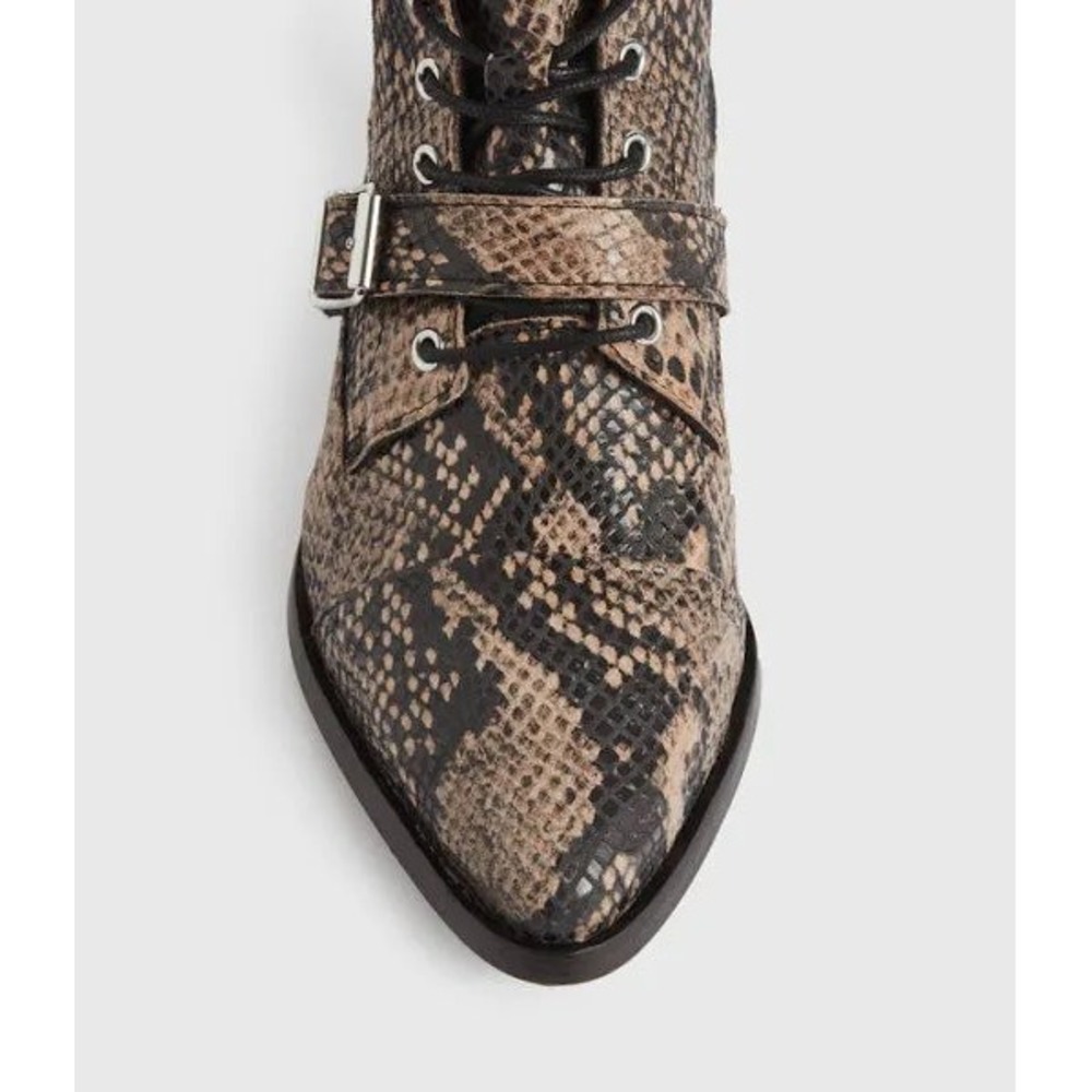 AllSaints Katy Snakeskin Leather Buckle Boots Brown Black Pointed Toe Size 40 - Picture 2 of 7